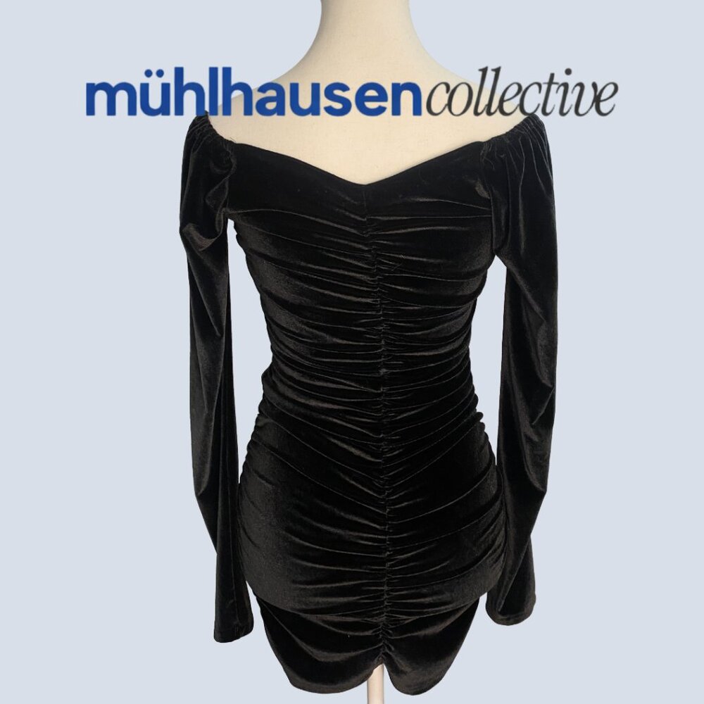 SHEIN Black Velvet Ruched Mini Dress Off Shoulder Long Sleeve Size S